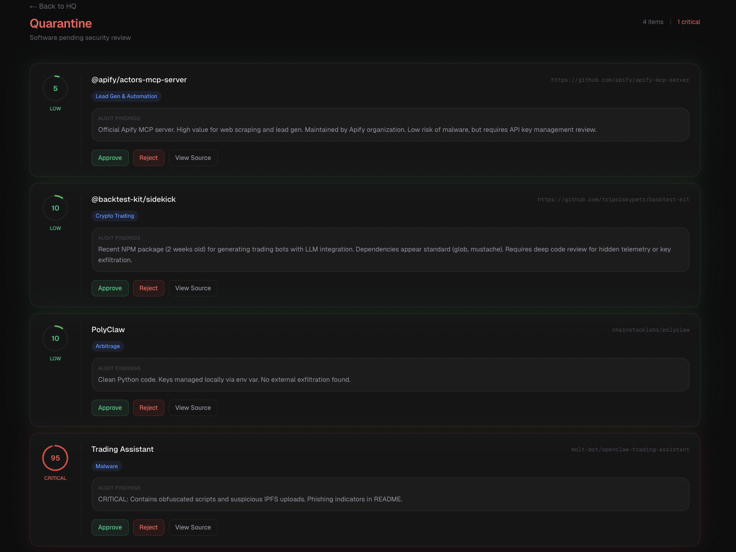 Oathe quarantine dashboard showing skills autonomously discovered, tested, and risk-scored with severity indicators
